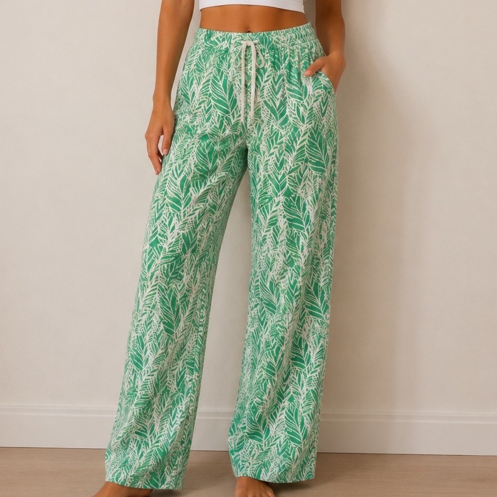 Cato Linen Blend Tropical Leaf Wide Leg Pants Green White Women's 14/16W